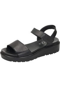 Sandali in pelle nera con una fascia frontale larga, cinturino alla caviglia regolabile e una suola spessa con un motivo di battistrada texturizzato. Taglia 37.