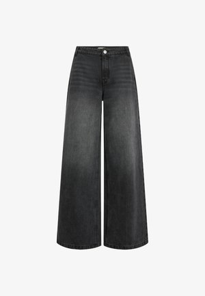 Široke crne traperice s visokim strukom, koje imaju kopčanje na dugme, suptilnu teksturu i uredan rub.