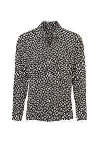Camicia nera a maniche lunghe con un motivo paisley bianco; tessuto morbido e leggero; dettagli del colletto e dello sbieco frontale.