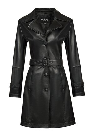 Abrigo largo de cuero negro con mangas largas, cinturón, cuello con solapa, botones delanteros y bolsillos laterales, talla pequeña, de Derimod Expo.