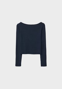 Top court  à manches longues bleu marine avec un col large. Fabriqué à partir d'un tissu lisse et extensible. Caractérisé par un design simple et ajusté.