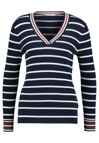 Marineblauer Pullover mit weißen und roten horizontalen Streifen, V-Ausschnitt, langen Ärmeln, gerippter Textur und Logodetail an der Seite.