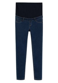 Jeans de maternidad azul oscuro con piernas ajustadas y una cintura elástica negra para soporte de la barriga, mostrados en plano sobre un fondo blanco.