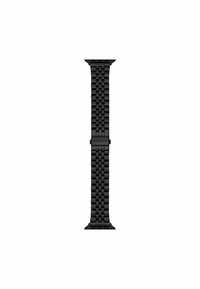 Bracelet de montre en métal noir avec un design tissé, doté d'un fermoir central marqué "Michael Kors." Texture lisse, mate et forme uniforme.