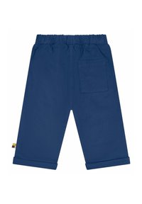 Pantaloni corti blu navy realizzati in tessuto misto cotone, con vita elastica, una tasca posteriore e orli arrotolati.
