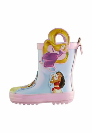 Child-sized boot with pink sole and characters Rapunzel and Moana with pig from Disney Princesses on light blue background.