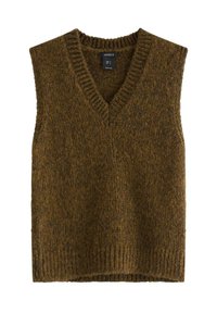 Hnědý pletený svetr bez rukávů s V-výstřihem. Má ribbed okraje a texturovaný povrch, vyrobený z příjemného, silného materiálu.