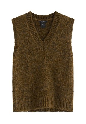 Brun strikket ærmeløs sweater med V-hals. Har ribkantede kanter og en tekstureret overflade, lavet af et hyggeligt, tykt materiale.