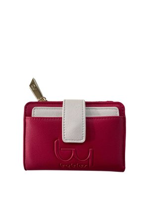 Portafoglio in pelle rosso e bianco con logo a rilievo, chiusura con pattina frontale e cursore della cerniera dorato.