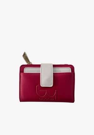 Portafoglio in pelle rosso e bianco con logo a rilievo, chiusura con pattina frontale e cursore della cerniera dorato.