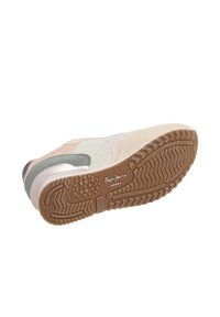 Pepe Jeans sneakers feature a mix of beige suede and mesh, brown rubber sole with textured tread, and green and blue accents on the upper.