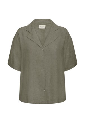 Krátky rukáv, zapínacia olivovo zelená ľanová košeľa s výrezom na golieri a tromi gombíkmi vpredu.