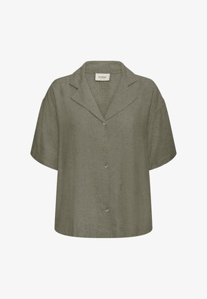 Īsroku krekls no lina olīvzaļā krāsā ar pogām, atvērtu apkakli un trim pogām priekšpusē.