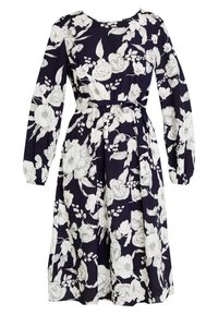 Floral dress with long sleeves, dark navy background, white flower patterns, round neckline, belted waist, and flowing skirt.
