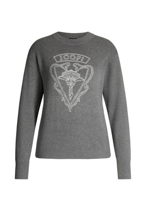 Maglione grigio con maniche lunghe, polsini a costine, scollo rotondo e un emblema decorativo grigio chiaro con un design floreale sulla parte anteriore.