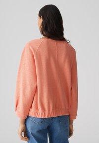 Felpa in pile di corallo con maniche raglan, vita elasticizzata e tessuto testurizzato. Vista da dietro, abbinata a jeans blu.