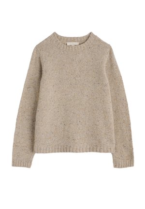 Suéter de punto beige con cuello redondo y mangas largas. Hecho de hilo texturizado con sutiles motas. Puños y dobladillo acanalados.