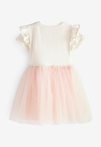 Kurzarmkleid mit einem weißen Baumwolloberteil und einem rosa Tüllrock, mit einer gerafften Taille und Rüschensäumen.