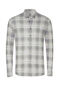 Graues und weißes kariertes Langarmhemd mit Button-Down-Kragen, ausgestattet mit schwarzen Knöpfen und subtilen orangefarbenen und grünen Akzenten.