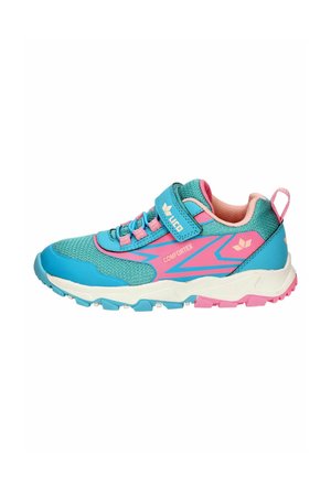 Blauer und rosa Kindersportschuh mit Klettverschluss, Mesh-Obermaterial und gemusterter Gummisohle mit der Beschriftung "Comfortex" und "Lico".