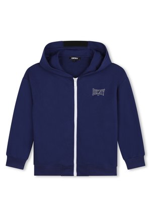 Haut à capuche zippé bleu marine en tissu doux, avec une fermeture éclair blanche, des bords côtelés aux poignets et à l'ourlet, et le logo DKNY brodé sur la poitrine.