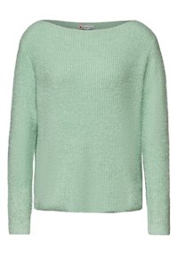 Suéter verde menta de manga larga, con textura acanalada, amplio escote barco y material suave y esponjoso. Diseño limpio sin patrones visibles.