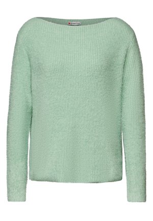 Maglione verde menta con maniche lunghe, texture a coste, ampia scollatura a barca e materiale morbido e peloso. Design pulito senza motivi visibili.