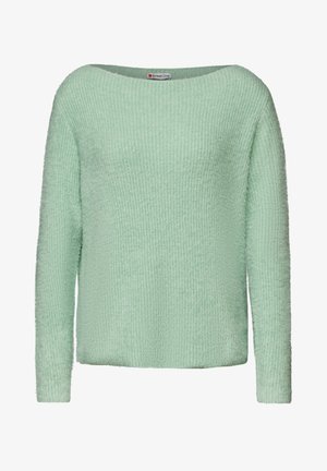 Mintgrøn striktrøje med lange ærmer, ribbet tekstur, bred bådudskæring og blødt, fuzzy materiale. Rent design uden synlige mønstre.