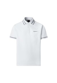 Biela polo tričko s čiernymi akcentmi na golieri a rukávoch, s dvojitým zapínaním a vyšívaným logom "HACKETT" v námorníckej modrej.