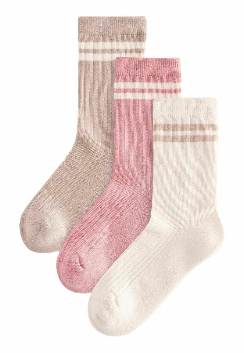 Tre paia di calze a coste nei colori beige morbido, rosa e bianco, ciascuna con due strisce orizzontali vicino al polsino per un tocco di dettaglio.