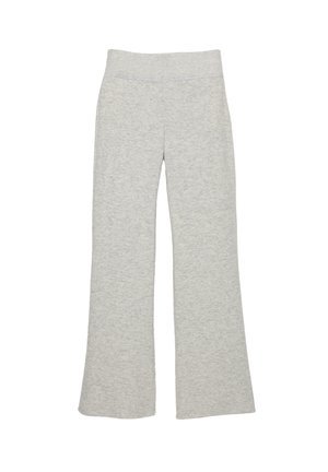 Pantaloni gri evazați dintr-un material moale și elastic, cu talie din elastic, având o textură netedă și fără modele sau embellishments vizibile.
