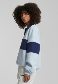 Lys blå sweatshirt med marineblå striper og broderte detaljer. Har krage og løs passform. Myk tekstur, lange ermer.