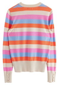 Randig tröja med orange, rosa, blå och beige ränder. Har rund halsringning och knappar på ärmsluten. Stickad textur.