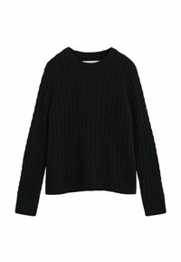 Schwarzer Strickpullover mit strukturiertem Zopfmuster, Rundhalsausschnitt und geripptem Saum sowie Bündchen. Verfügt über lange Ärmel und eine lockere Passform.