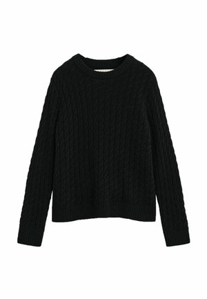 Pull noir en tricot avec un motif en relief de câble, col rond, et ourlet et poignets côtelés. Présente des manches longues et une coupe décontract�ée.