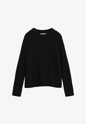 Schwarzer Strickpullover mit strukturiertem Zopfmuster, Rundhalsausschnitt und geripptem Saum sowie Bündchen. Verfügt über lange Ärmel und eine lockere Passform.