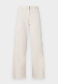 Cream wide-leg jeans in cotton fabric with a high waist, five pockets, and frayed hem detailing. Smooth texture and neutral color.