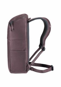 Sac à dos en tissu violet profond avec une poche zippée, rembourrage en mesh sur les bretelles et une forme plate. Dispose de bretelles ajustables et de poches latérales.