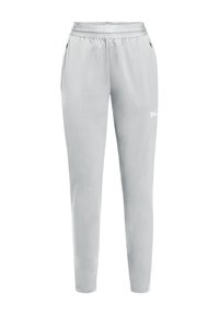 Lichtgrijze sportbroek met een getailleerde uitstraling, elastische tailleband, zijzakken en een gladde textuur. Bevat een logo op de linkerdij.