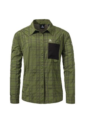 Grünes karierter Langarmhemd mit einer schwarzen Brusttasche, durchgehender Knopfleiste und Logo auf der Brust, aus glattem Stoff mit leichtem Glanz.