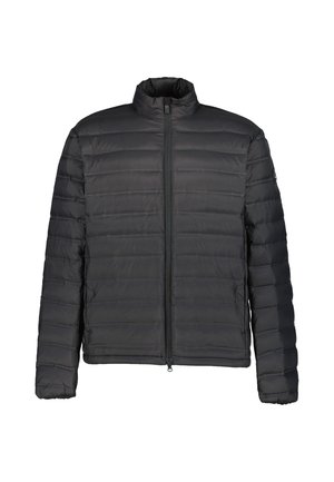 Giacca nera trapuntata con maniche lunghe, collo alto e chiusura frontale con zip, mostrata su sfondo bianco.