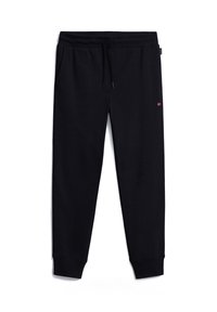 Pantaloni della tuta neri a gamba affusolata con cintura elastica, coulisse, tasche laterali, polsini a coste alle caviglie e un piccolo logo rosso sulla parte superiore della coscia.
