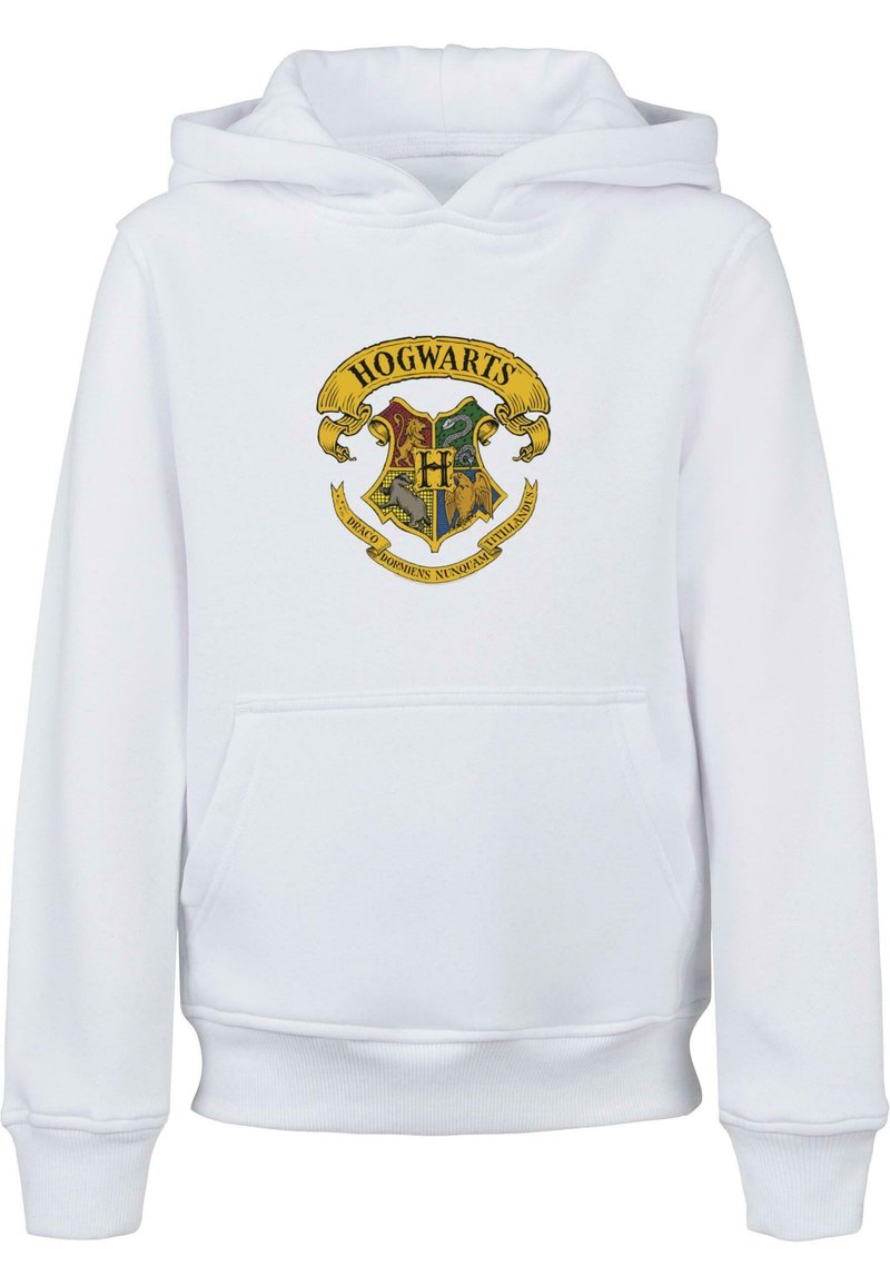 Witte hoodie met een voork pocket, voorzien van een kleurrijk Hogwarts wapen ontwerp in het midden. Zachte textuur en ribgebreide manchetten.
