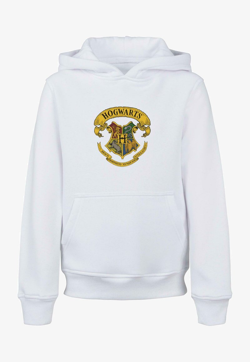 Witte hoodie met een voork pocket, voorzien van een kleurrijk Hogwarts wapen ontwerp in het midden. Zachte textuur en ribgebreide manchetten.