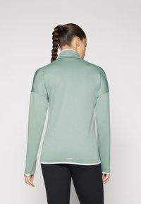 Mint zelena dugosleeve atletska majica s visokim ovratnikom, s teksturiranim materijalom i kontrastnim rubovima, prikazana s leđa.