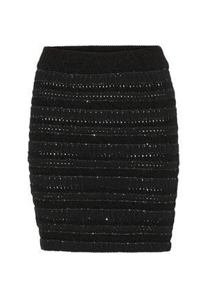 Fustă creion din tricot negru cu dungi orizontale și mici accente reflectorizante. Are o siluetă ajustată și o talie elastică înaltă.