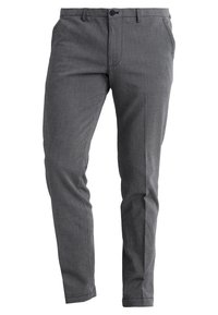 Šedé kalhoty se vzorem rybí kosti z texturované látky, s předním zapínáním na zip, poutky na pásek a předními kapsami, v úzkém střihu.