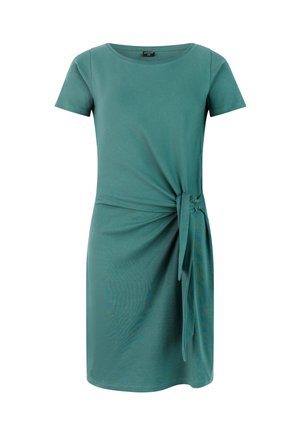 Tyrkysové šaty s krátkym rukávom a dĺžkou po kolená, s okrúhlym výstrihom a detailom viazaného uzla na boku vytvárajúcim efekt nariasenia.