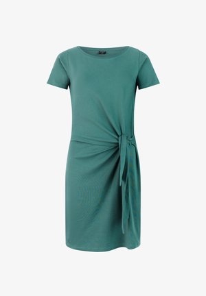 Teal short-sleeve knee-length dress with round neckline and side tie knot detail creating gathered drape effect.