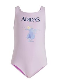 Fialový jednodielny plavky s grafikou Elsy a logom "ADIDAS" v námorníckej modrej. Hladká tkanina, ramienka tank a ružové lemovanie na okrajoch.